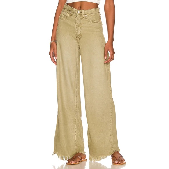 Free People Denim - Free People We The Free Old West Wide Leg Jeans Tan Khaki Frayed Hem Size 28